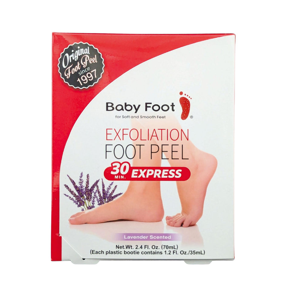 Baby Foot front packaging showing lavender-scented 30 minute express peel for fast exfoliation