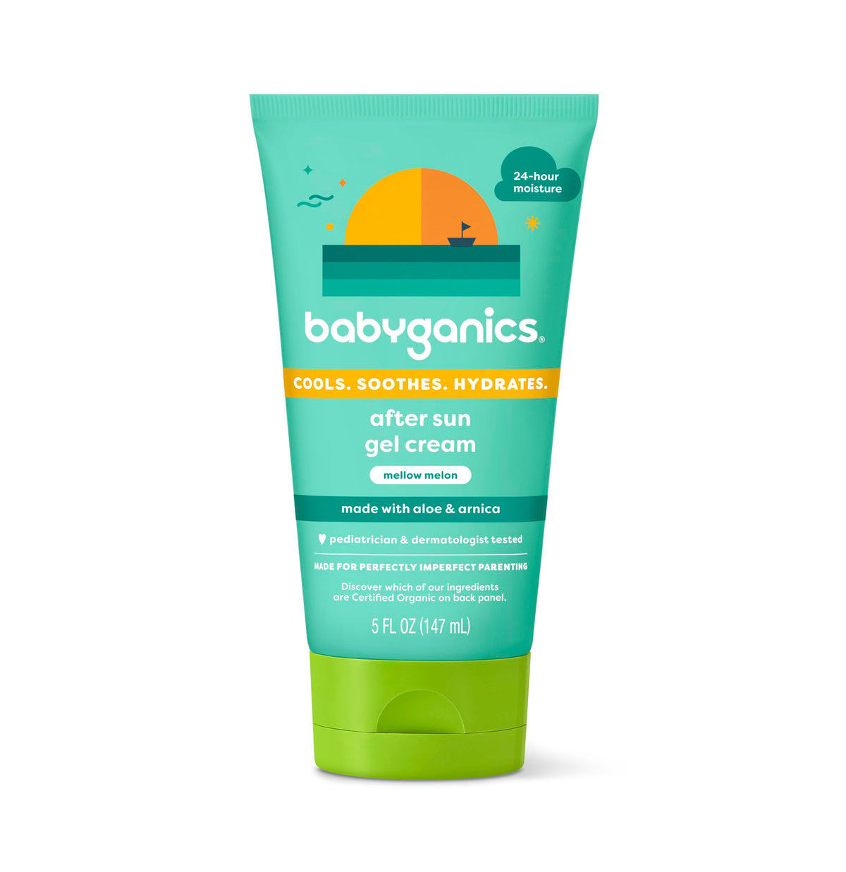 BabyGanics after sun gel cream front packaging showing fragrance and size benefits