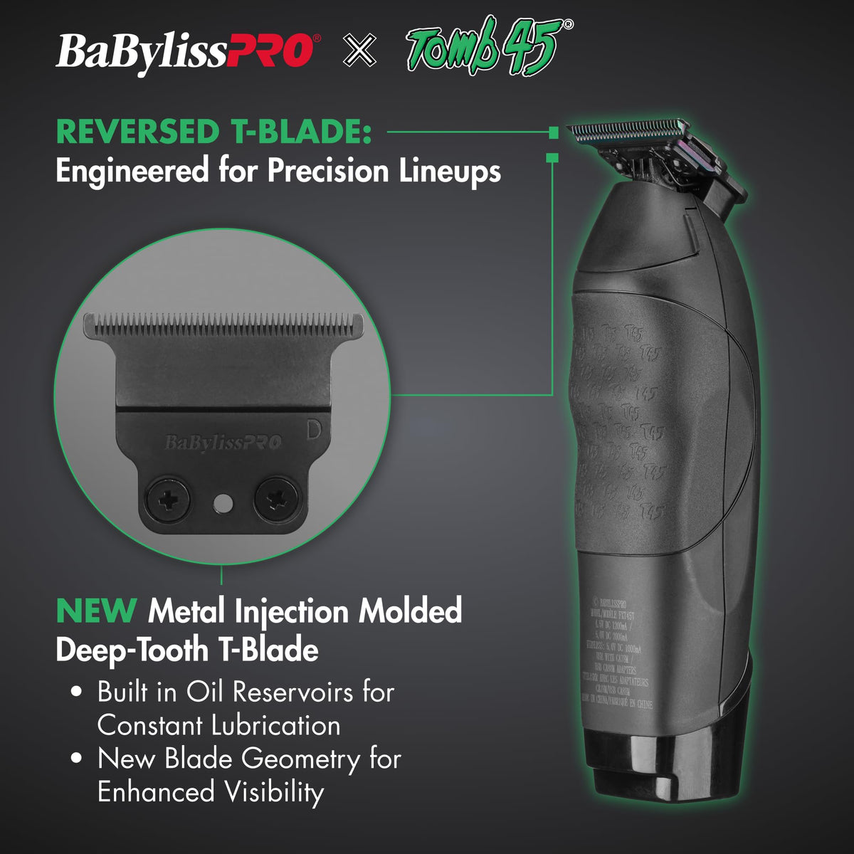 BaBylissPRO close-up of black titanium T-blade highlighting durable deep-tooth cutting edge