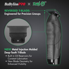 BaBylissPRO close-up of black titanium T-blade highlighting durable deep-tooth cutting edge