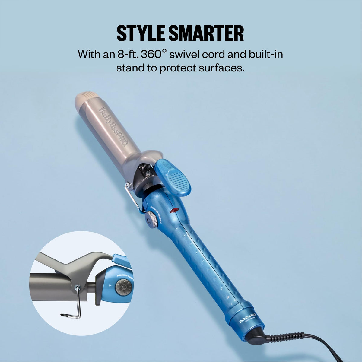 BaBylissPRO fabric-wrapped swivel cord and eight-foot length for tangle-free use