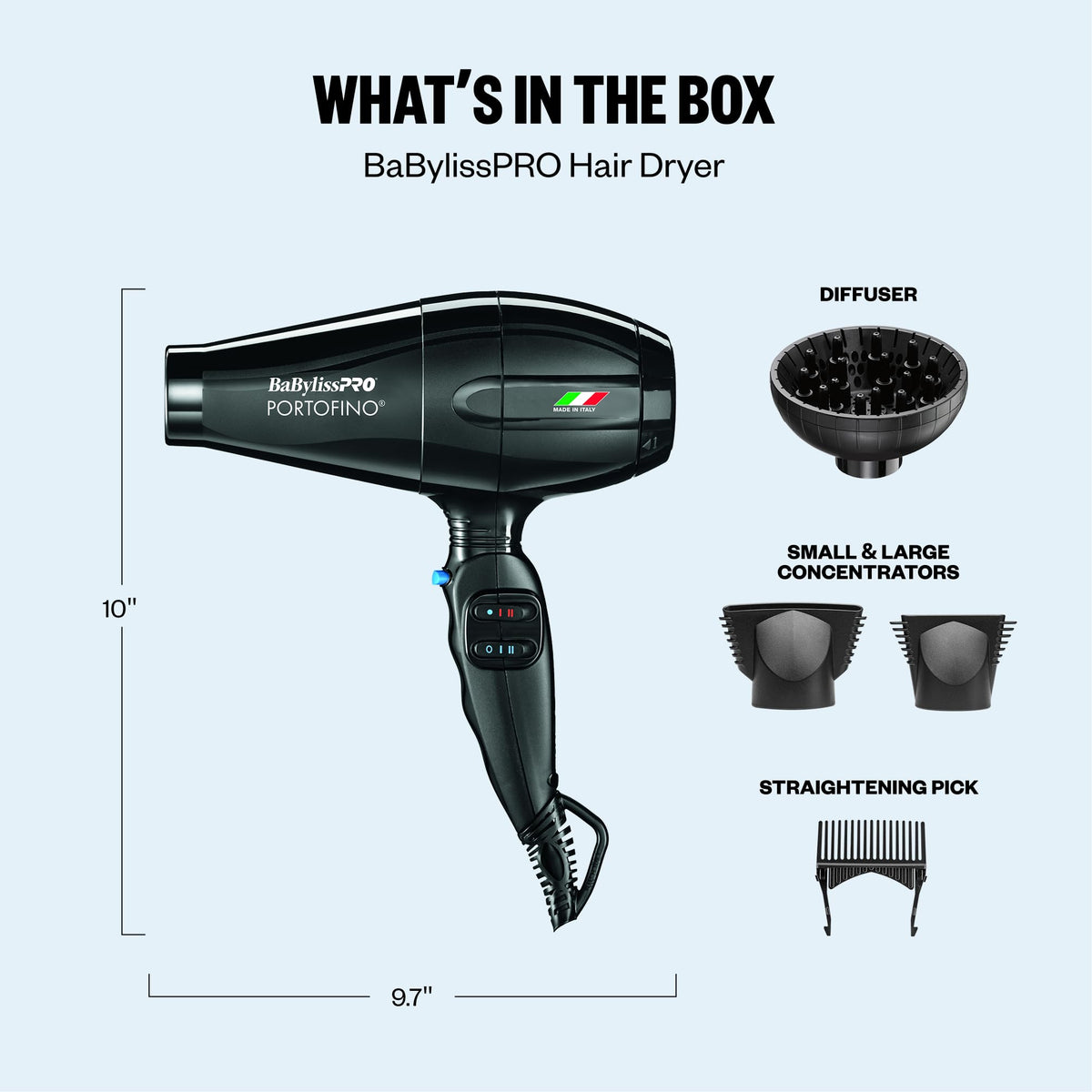 BaBylissPRO dryer held in hand to show scale and comfortable professional grip benefit