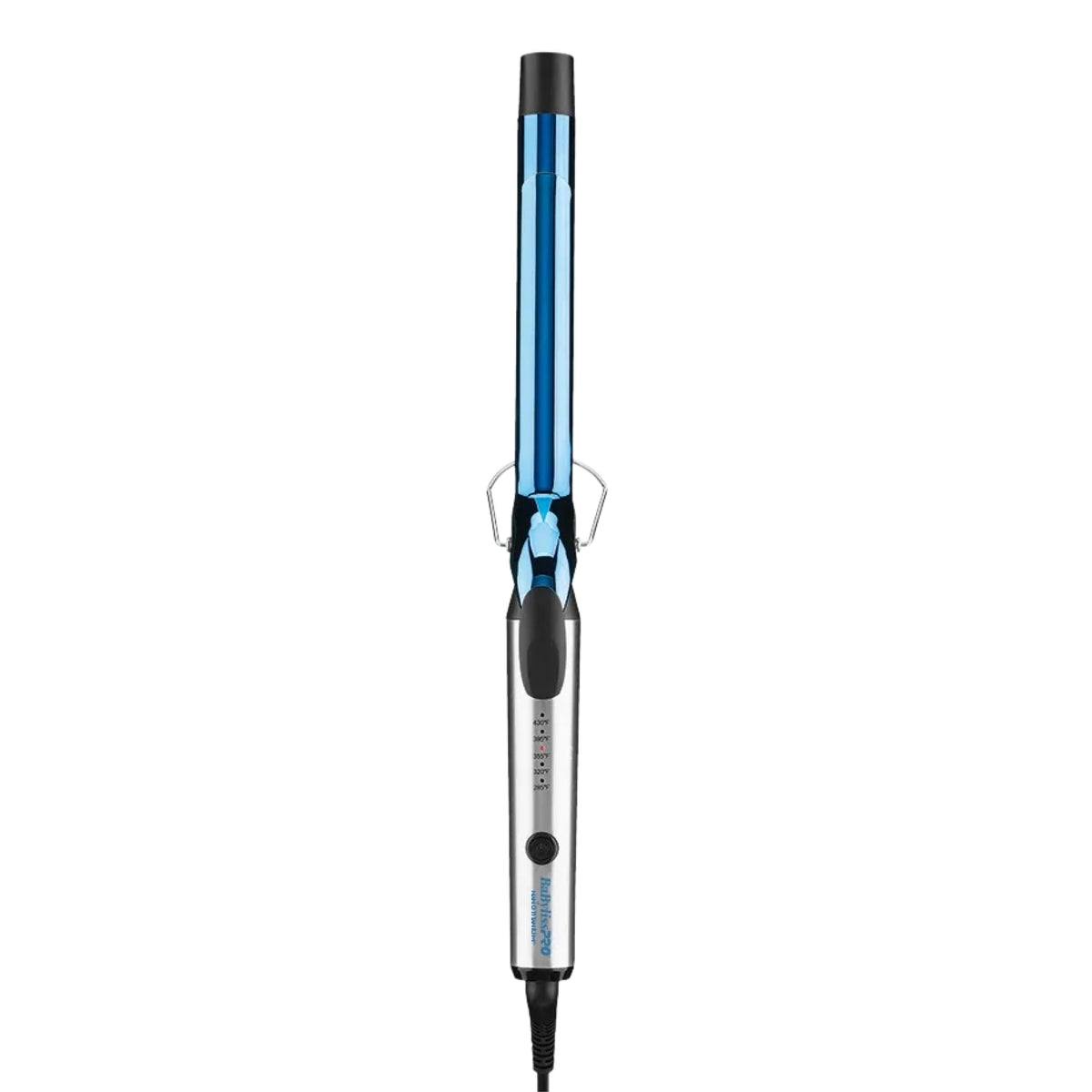 BaBylissPRO extended barrel curling iron front view showing ergonomic handle and barrel for quicker styling