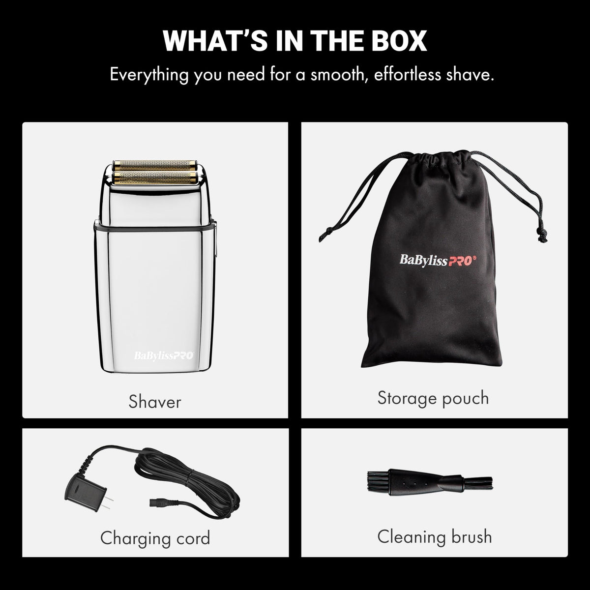 BaBylissPRO FOILFX with charging cord brush and pouch arranged to show included accessories