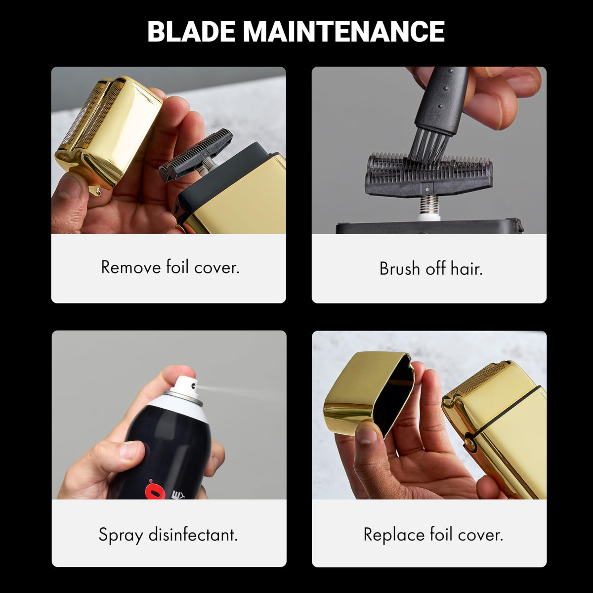 BaBylissPRO gold hypoallergenic double-foil close-up highlighting smooth shave benefit