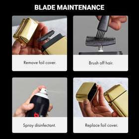 BaBylissPRO gold hypoallergenic double-foil close-up highlighting smooth shave benefit