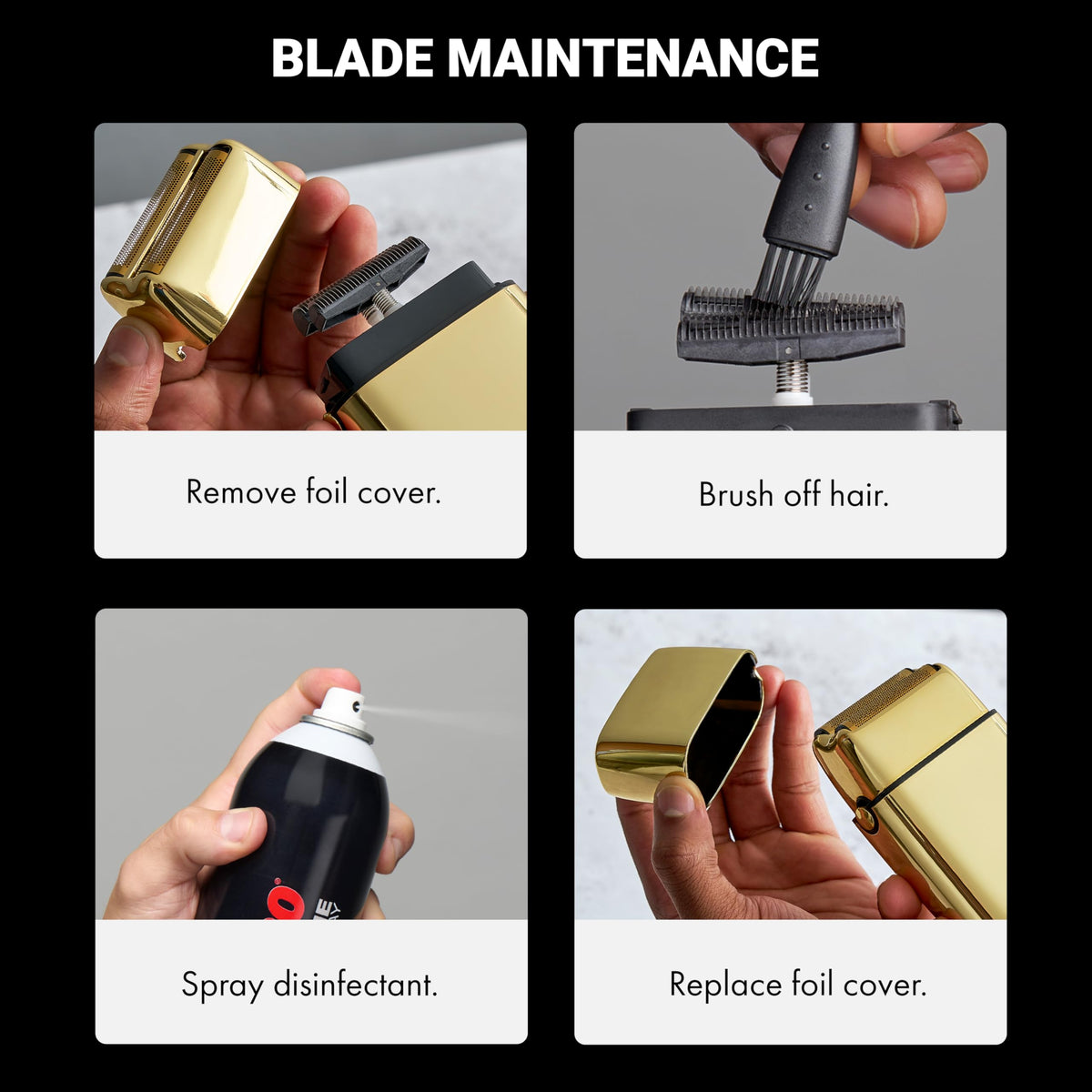 BaBylissPRO FOILFX gold double-foil close-up highlighting hypoallergenic surface for gentler shaves
