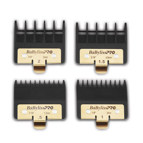 BaBylissPRO front view of four premium trimmer guards showing sizes and secure metal clip benefit