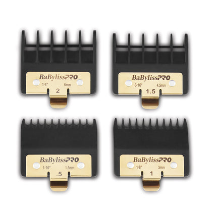 BaBylissPRO front view of four premium trimmer guards showing sizes and secure metal clip benefit