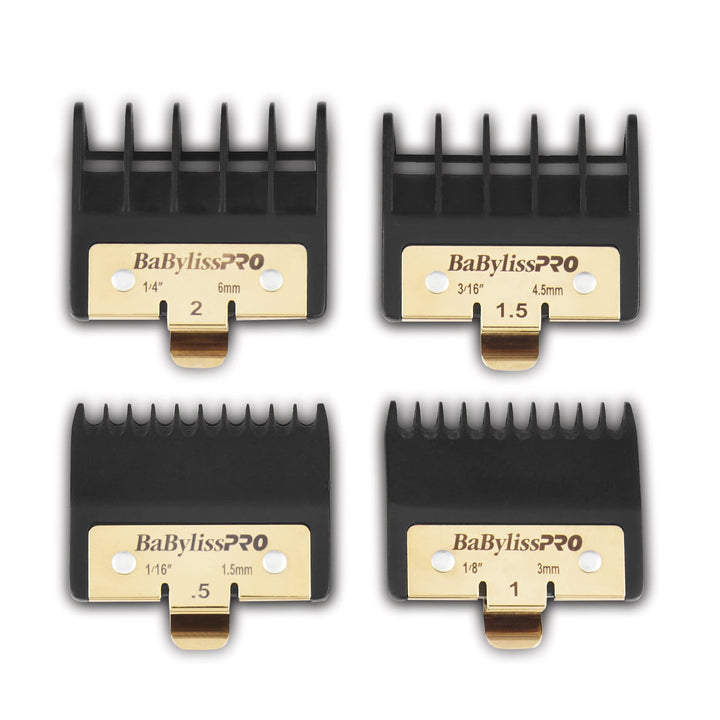 BaBylissPRO front view of four premium trimmer guards showing sizes and secure metal clip benefit