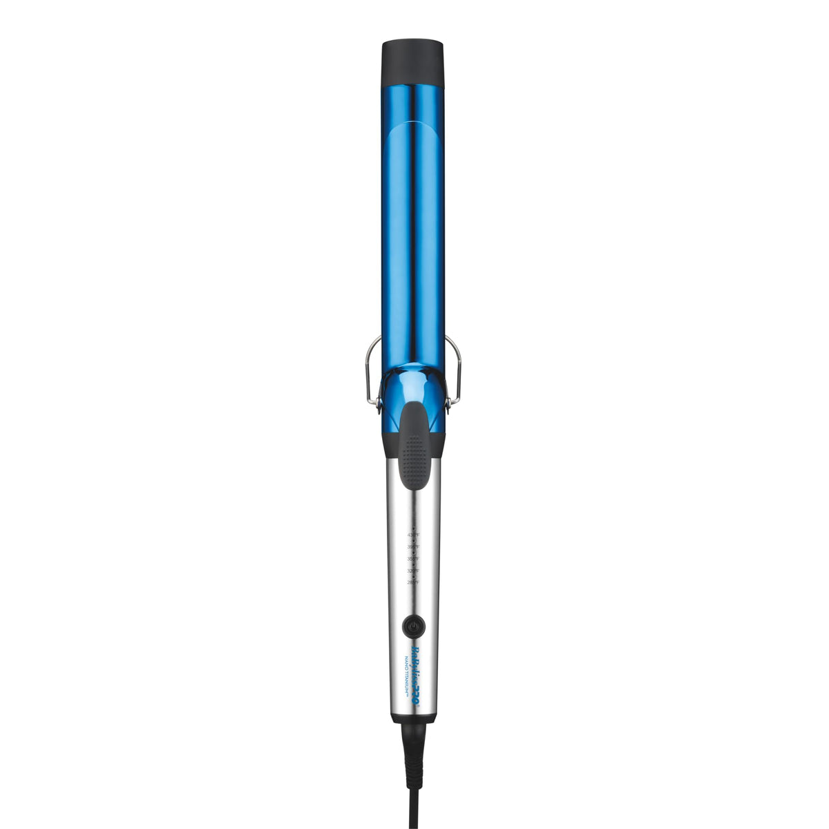 BaBylissPRO front view of extra-long curling iron showing full tool and benefits