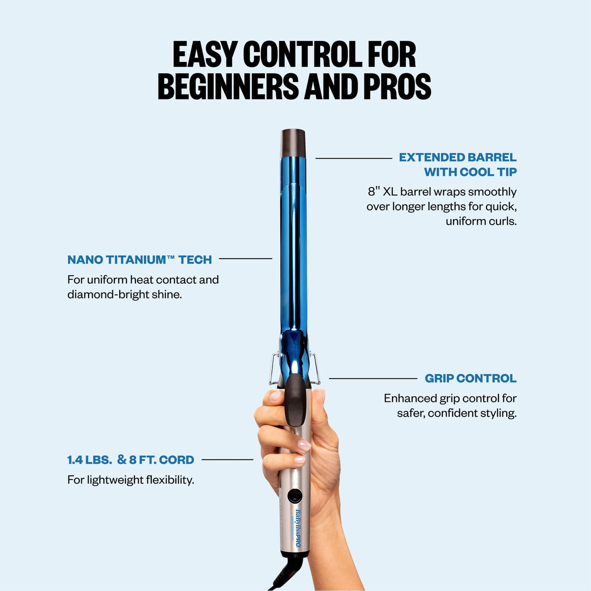 BaBylissPRO curling iron in use on long hair for faster wrapping of larger sections and uniform curls