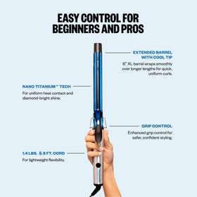 BaBylissPRO curling iron in use on long hair for faster wrapping of larger sections and uniform curls
