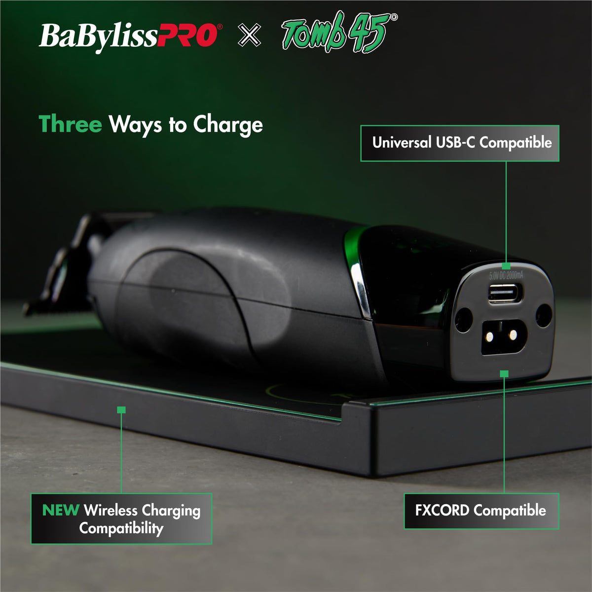 BaBylissPRO trimmer in use on beard near wireless charging pad demonstrating cordless convenience