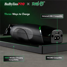 BaBylissPRO trimmer in use on beard near wireless charging pad demonstrating cordless convenience