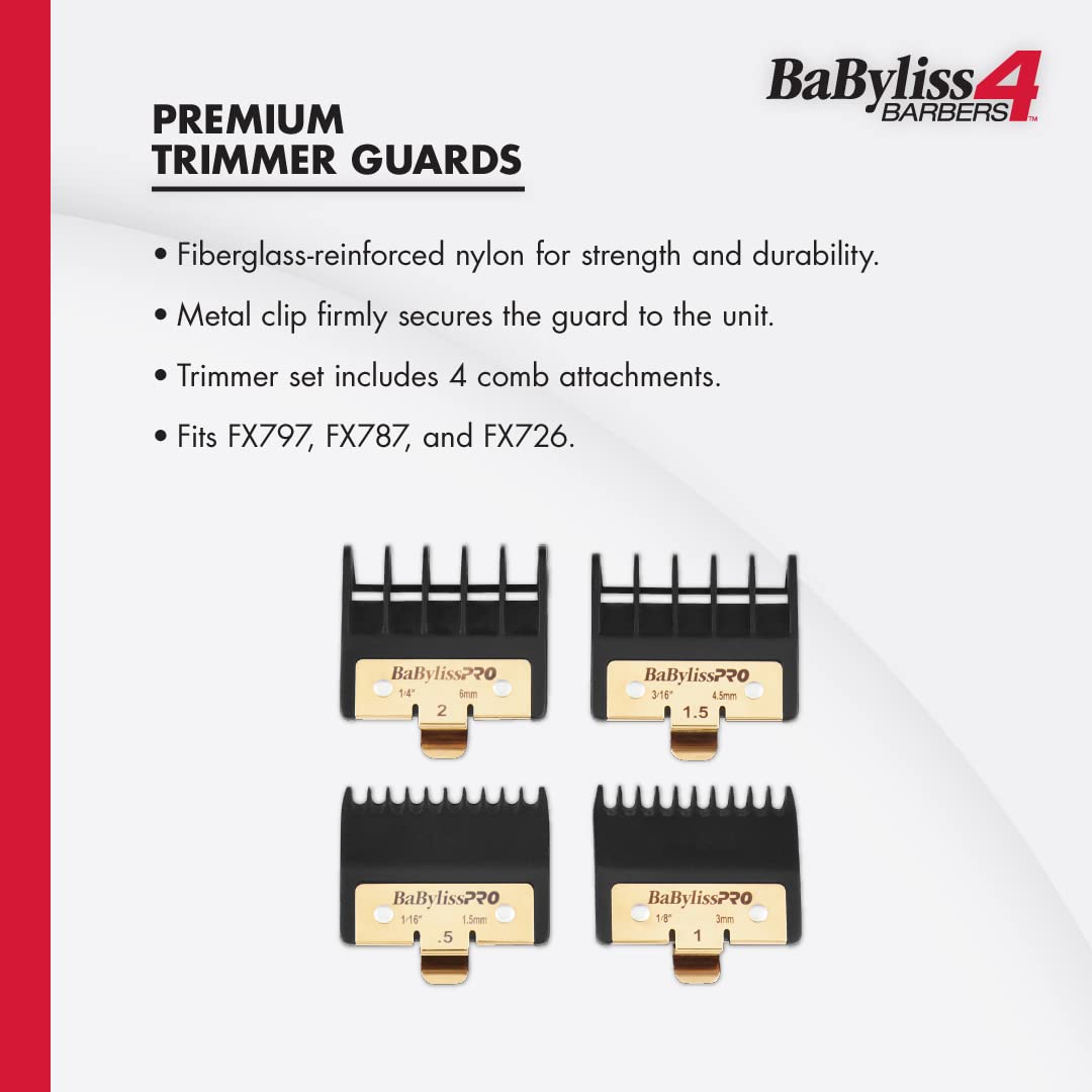 BaBylissPRO guards attached to FX797 trimmer in use illustrating secure fit and consistent cutting benefit