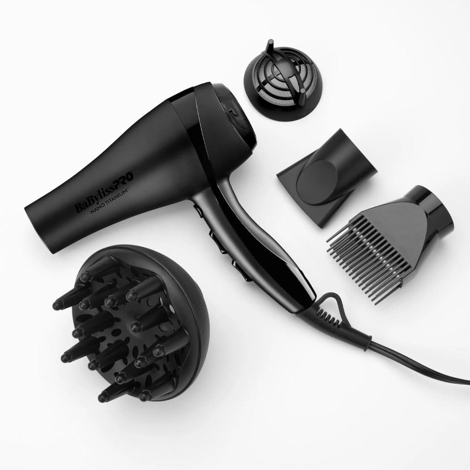 BaBylissPRO limited edition black and blue dryer front view showing sleek design and power