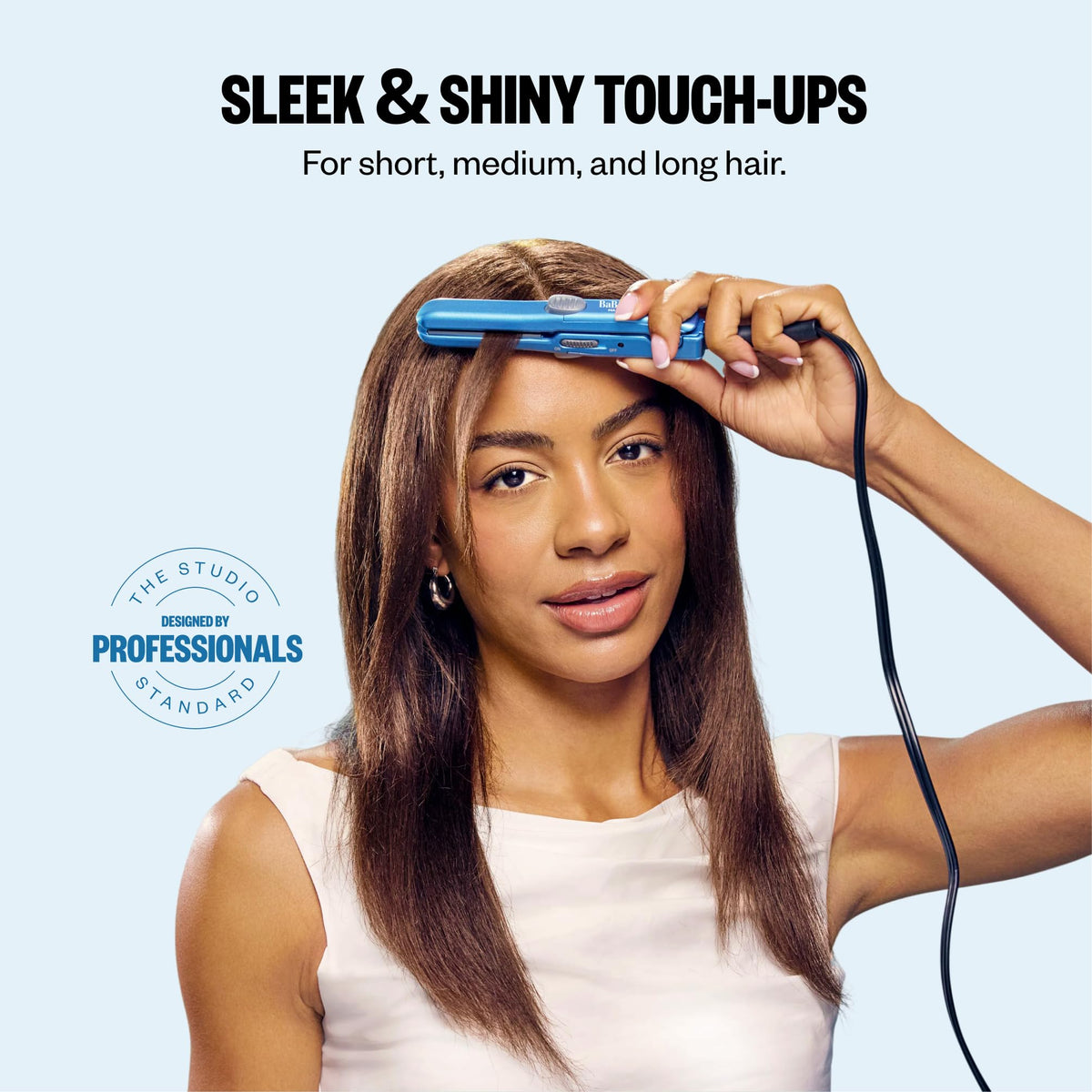BaBylissPRO mini flat iron closed plate detail highlights smooth glide benefit