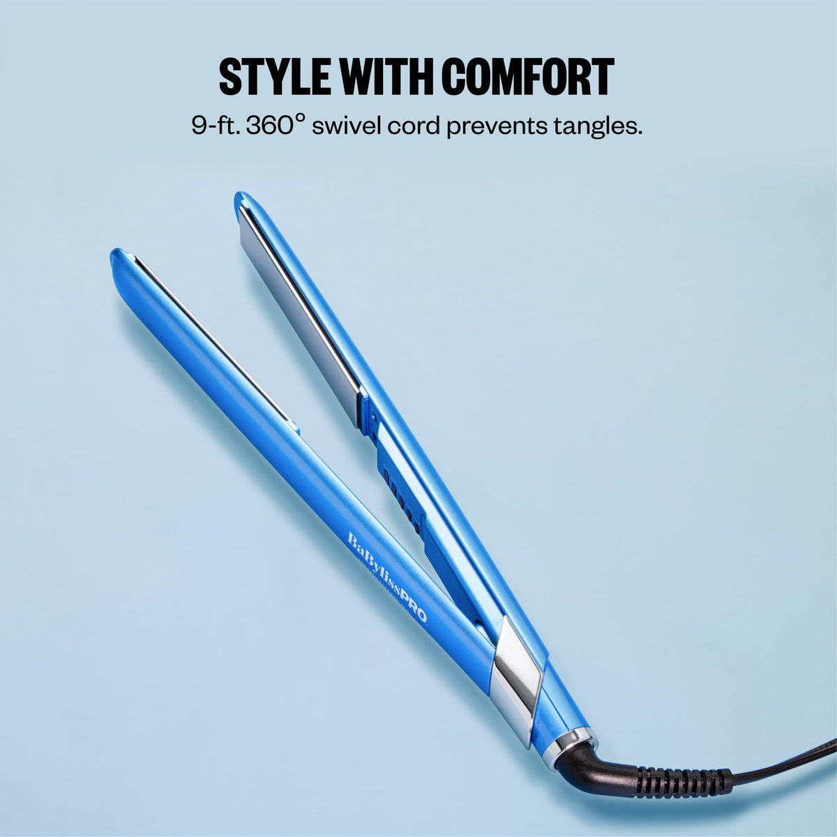BaBylissPRO straightening hair mid-pass demonstrating shiny, smooth results