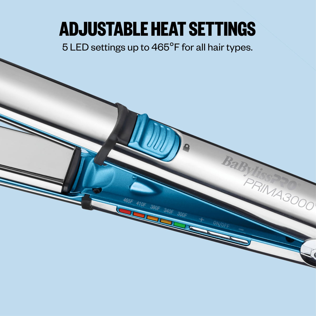 BaBylissPRO LED temperature controls with five heat settings for customized styling