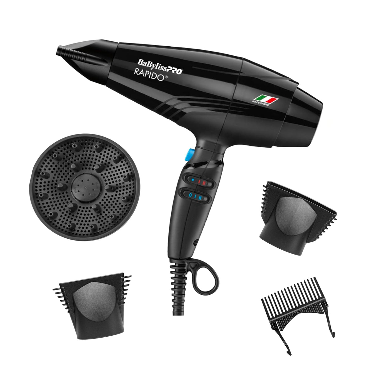 BaBylissPRO Rapido front view showing sleek black body and ergonomic handle benefits easy grip
