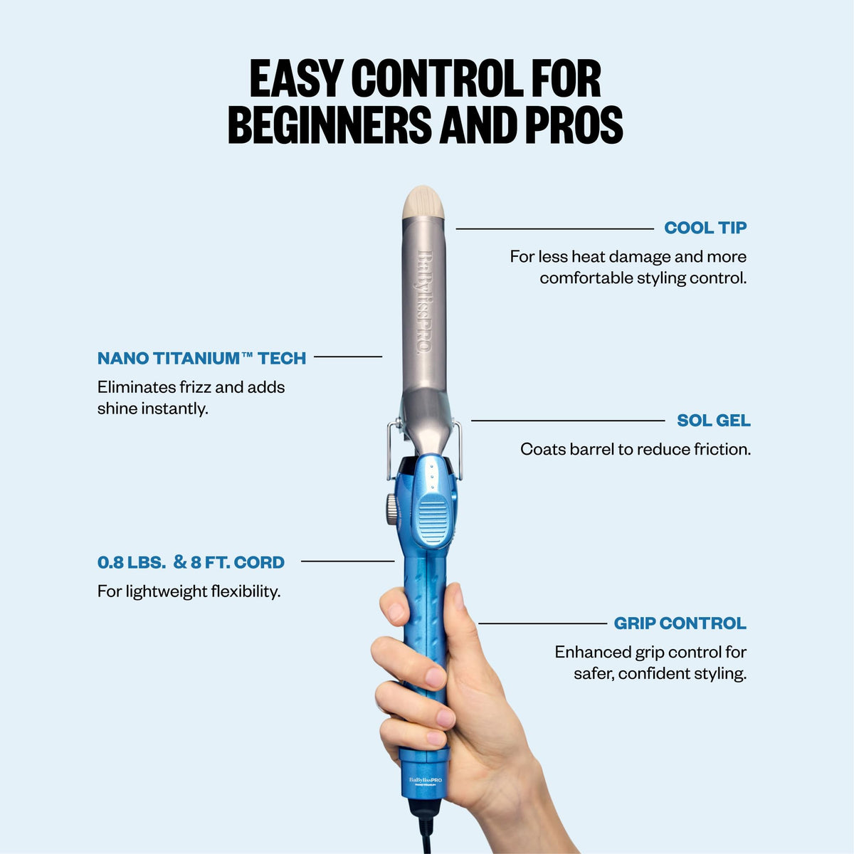 BaBylissPRO held in hand to show size and scale for easy at-home styling