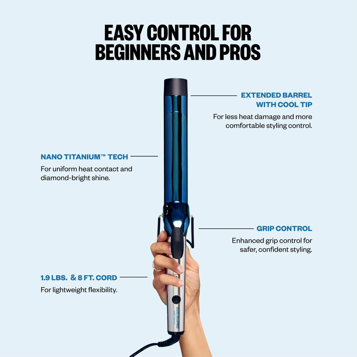 BaBylissPRO size comparison on long-hair model showing eight-inch barrel advantage