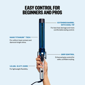 BaBylissPRO size comparison on long-hair model showing eight-inch barrel advantage