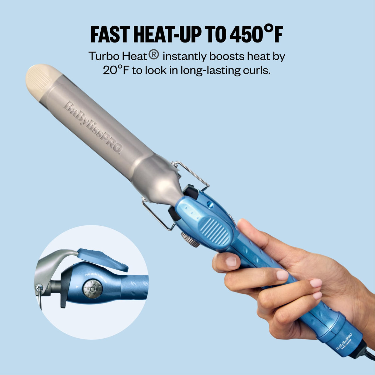 BaBylissPRO digital temperature display showing precise heat control up to 450°F