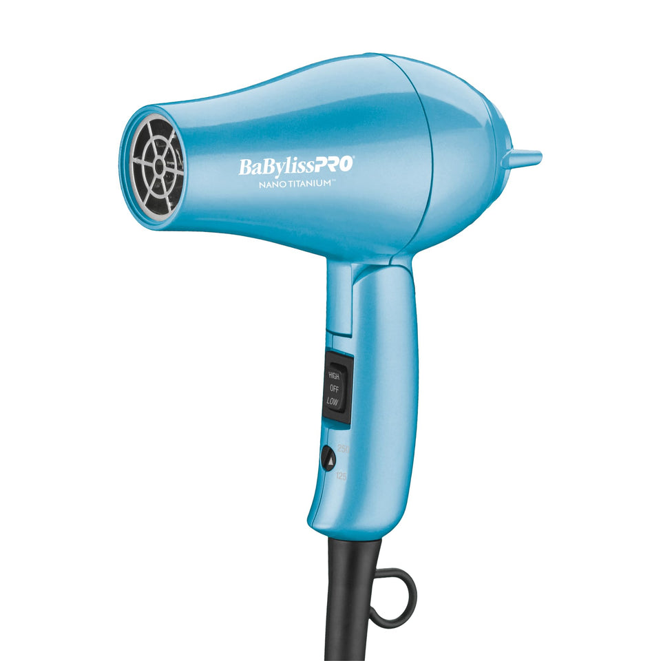 BaBylissPRO travel dryer front view showing compact design and fast drying