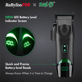 BaBylissPRO x Tomb45 closeup of black titanium MIM fade blade for precise, durable cuts