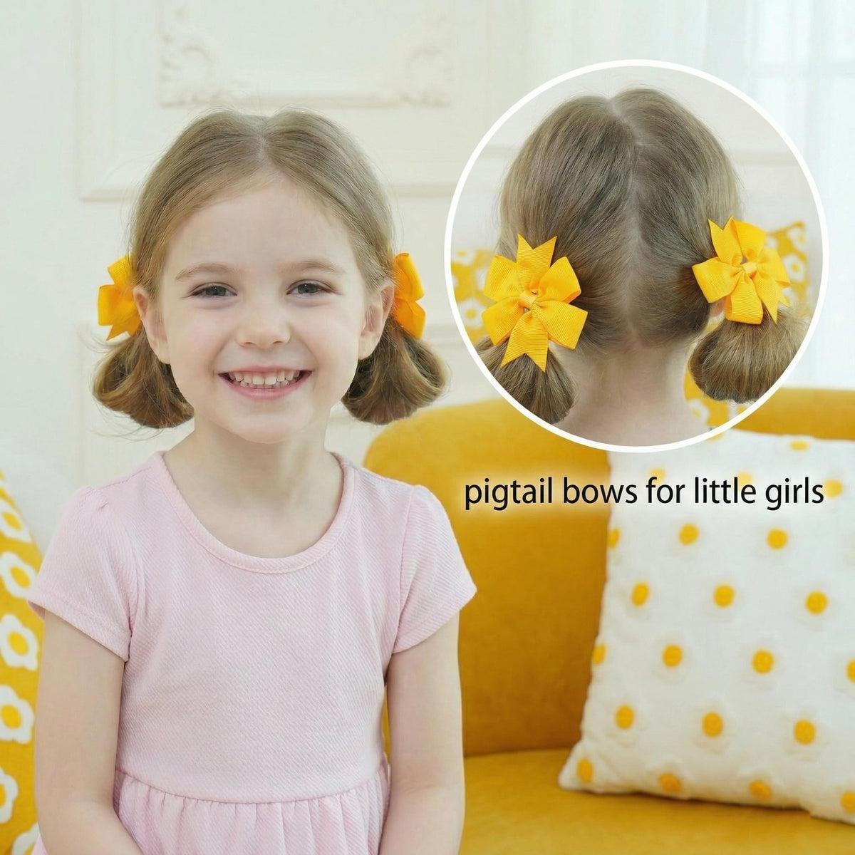 Babymatch bow clipped in child's hair demonstrating neat hold
