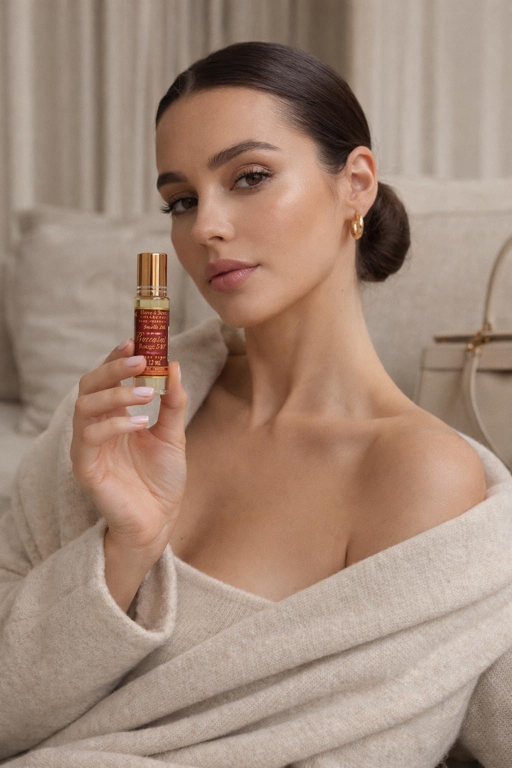 Generic Baccarat Rouge oil droplet on skin close-up showing smooth absorbency benefit