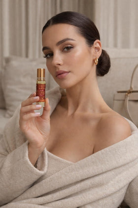 Generic Baccarat Rouge oil droplet on skin close-up showing smooth absorbency benefit