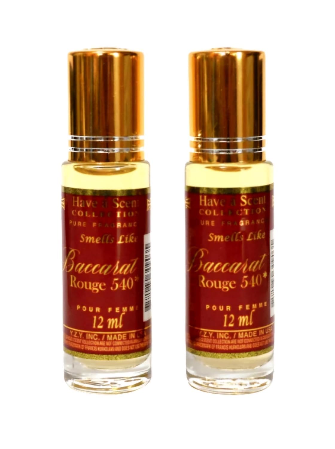 Generic Baccarat Rouge oil perfume front packaging showing compact design and portability benefit