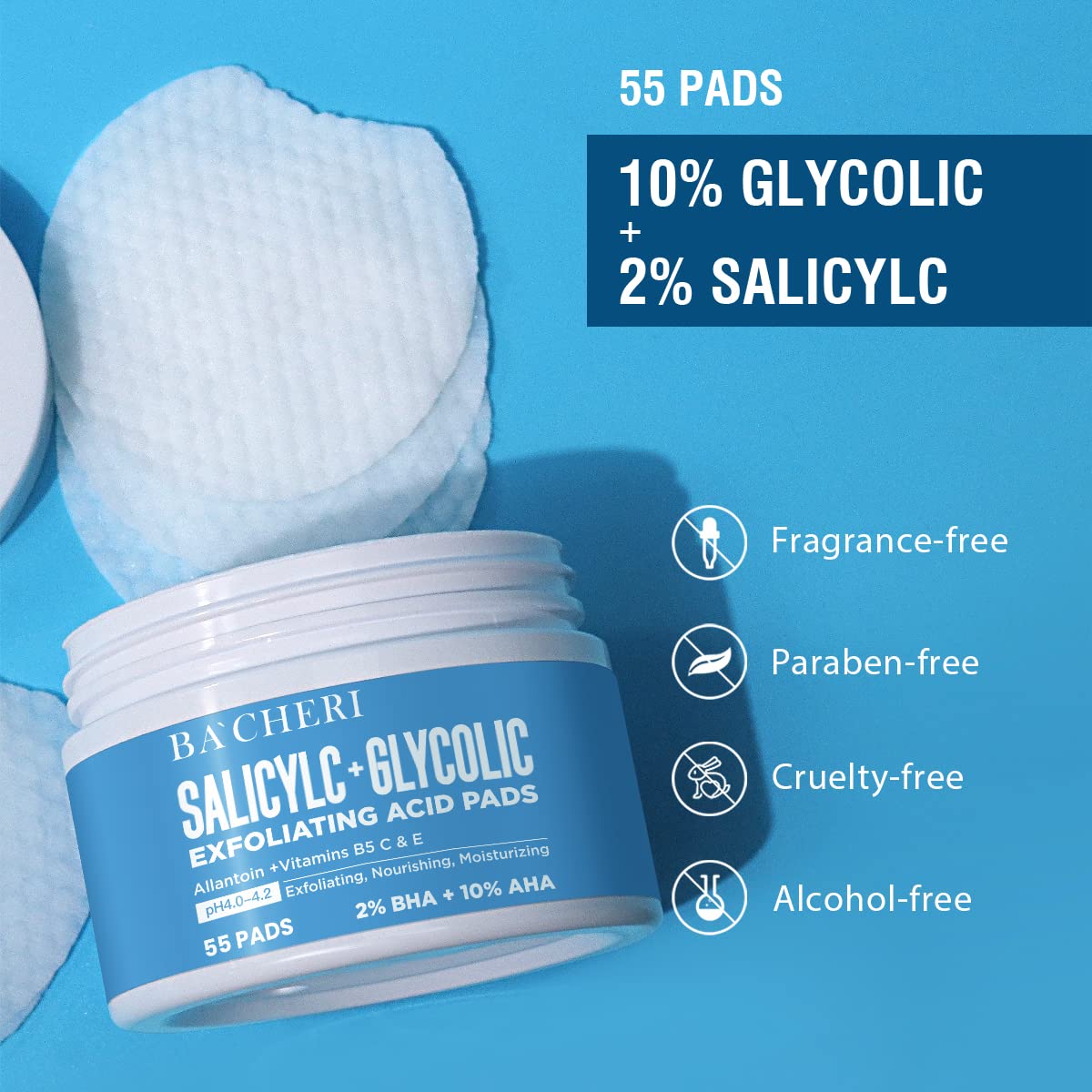 BACHERI close-up pad texture soaked in solution for gentle exfoliation