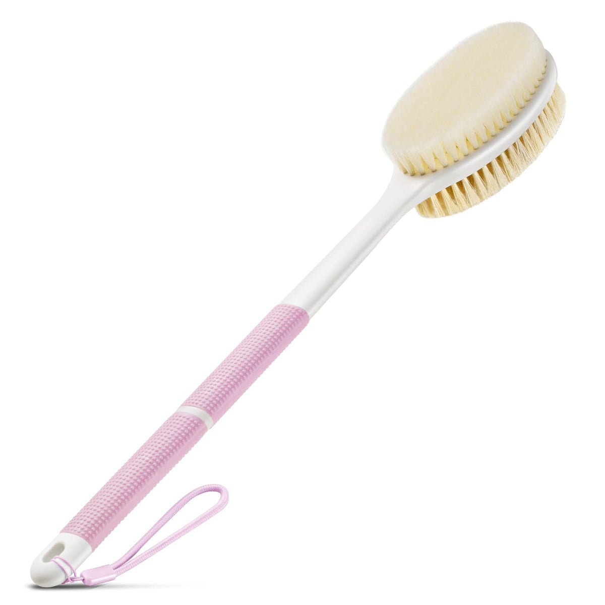 Backski front view of pink long-handle scrubber showing full brush for easy reach