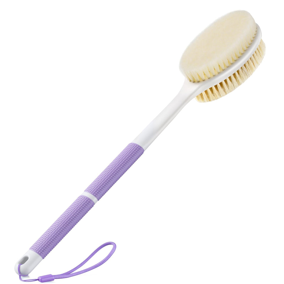 Backski front view showing purple long-handle brush and head, easy reach benefit
