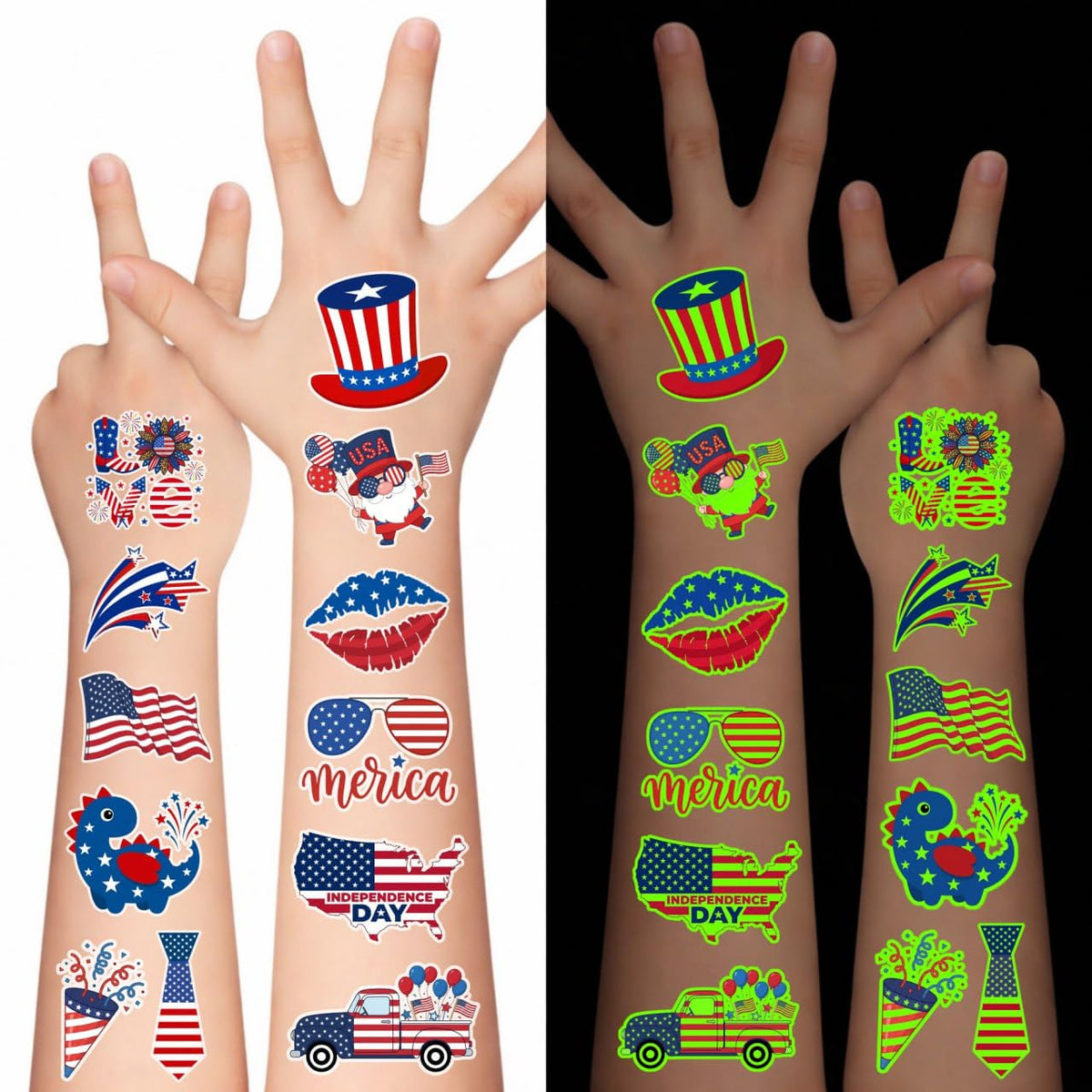 Backtopeia front packaging showing 105-piece patriotic tattoo set and party-ready look