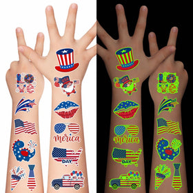 Backtopeia front packaging showing 105-piece patriotic tattoo set and party-ready look