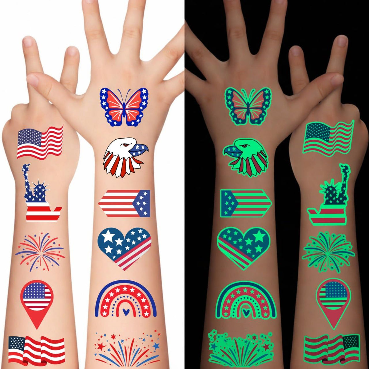 Backtopeia front packaging showing patriotic tattoo sheets and party-ready benefit