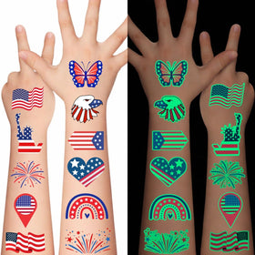 Backtopeia front packaging showing patriotic tattoo sheets and party-ready benefit