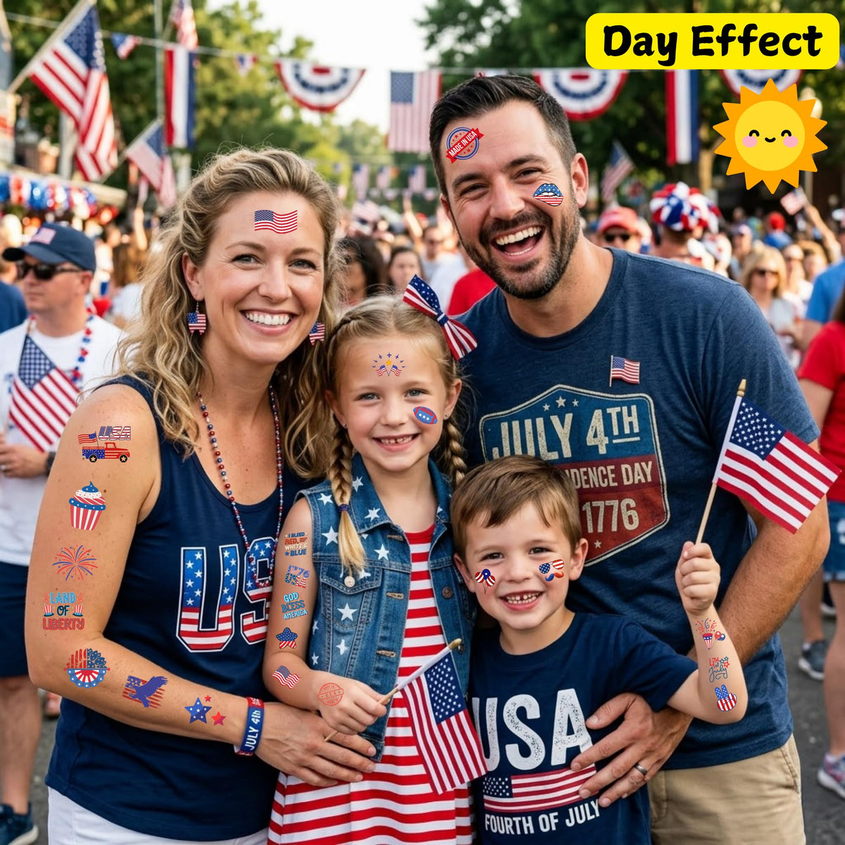 Backtopeia kids wearing tattoos smiling showing family-friendly party fun