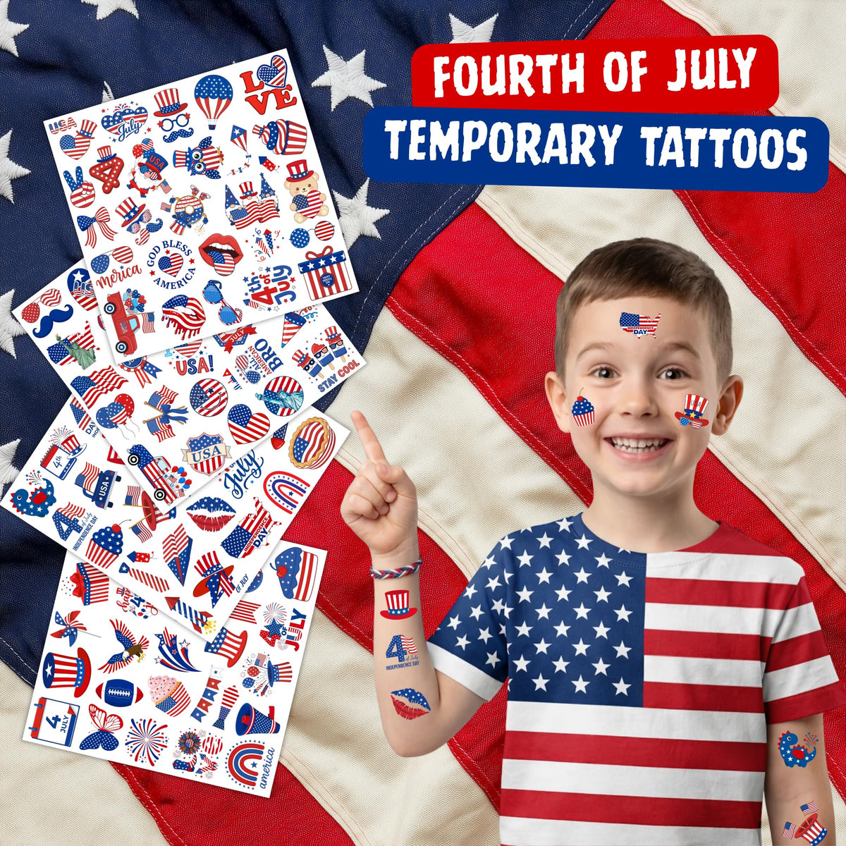 Backtopeia close-up sheet with flag and stars designs highlighting crisp print benefit