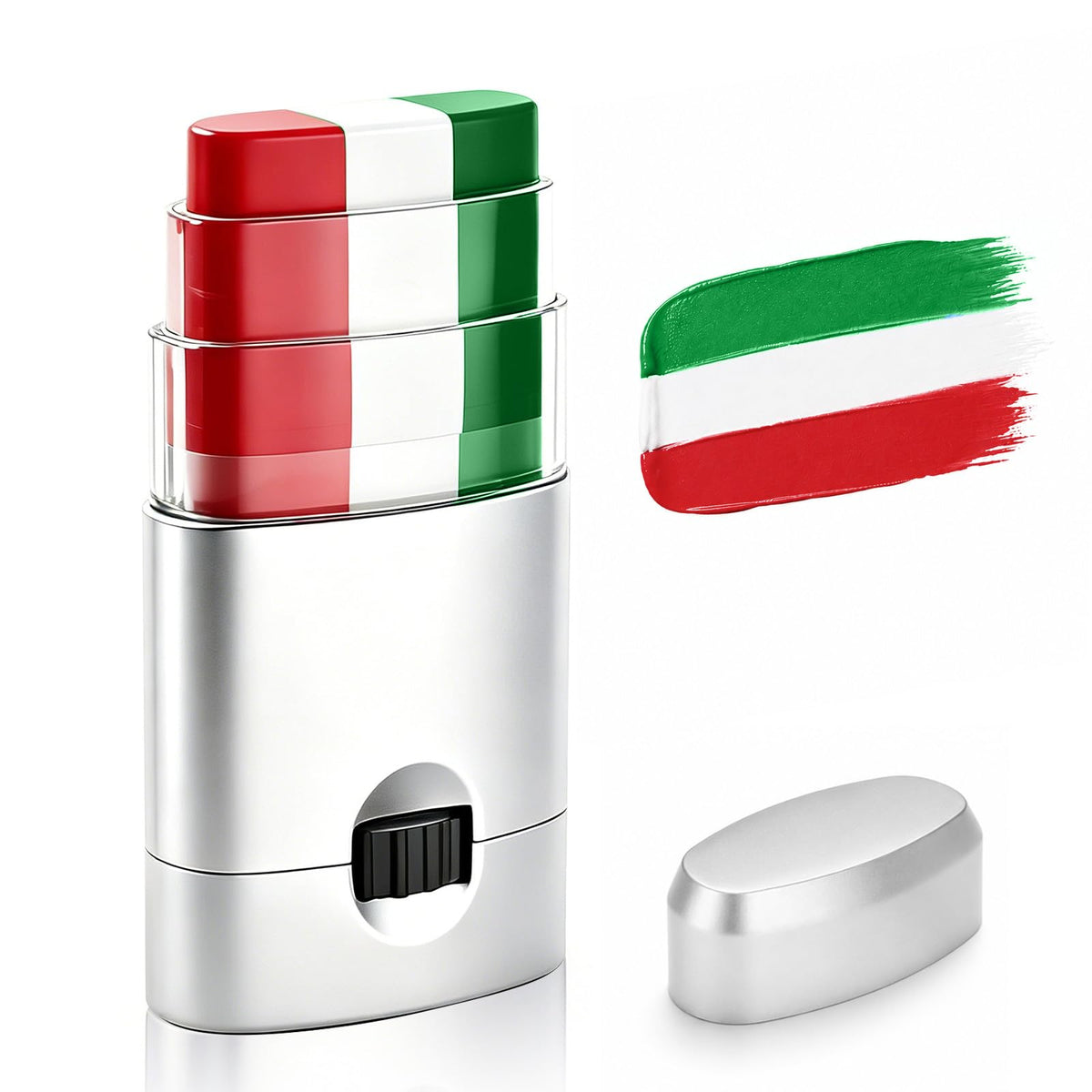 BADCOLOR front packaging of tricolor face paint stick, compact convenience