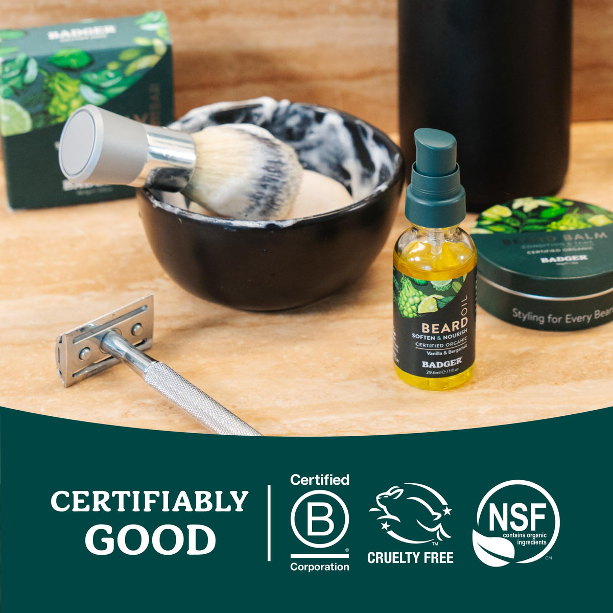 Badger balm in outdoor setting conveying natural sustainable grooming