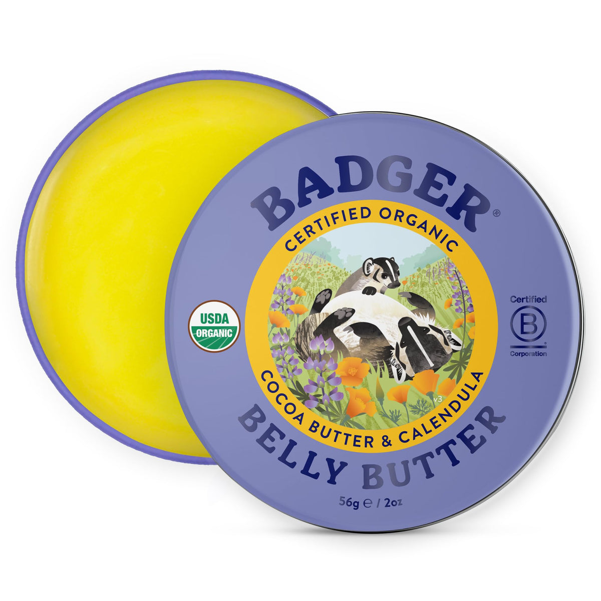 Badger belly butter front tin showing label and compact packaging benefit