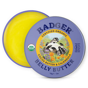 Badger belly butter front tin showing label and compact packaging benefit