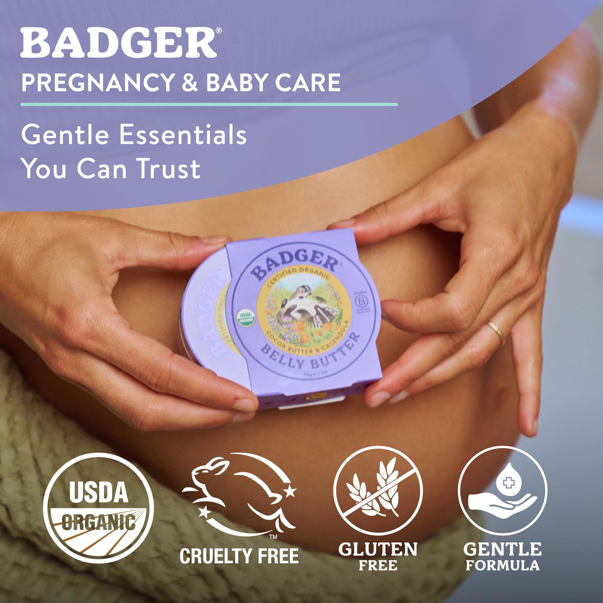 Badger belly butter in hands applying to skin demonstrating gentle absorption