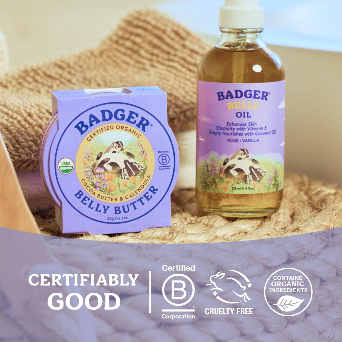 Badger belly butter lifestyle shot on pregnant belly showing soothing comfort